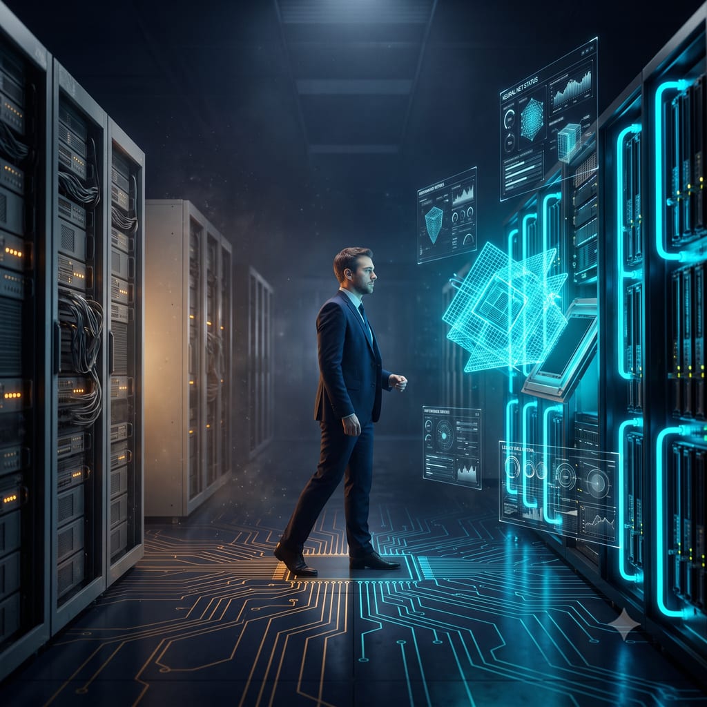 A technician in a dark suit standing on the dividing line of a server hall — grey legacy racks and amber status lights to one side, black AI-native blades glowing cyan to the other, a processor die exploded into a luminous lattice above its socket.