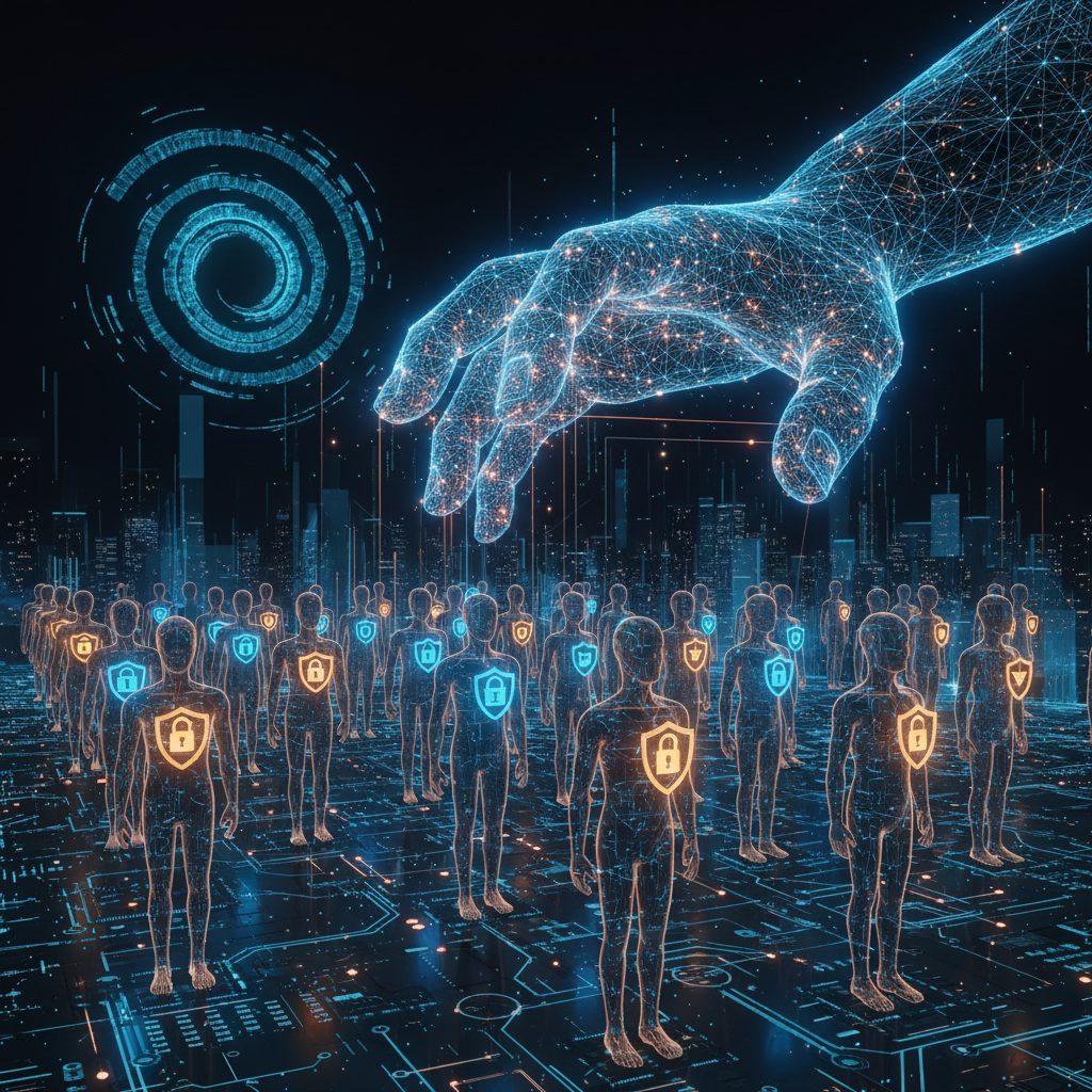 A vast wireframe hand reaching down over rows of translucent human figures, each marked with a glowing padlock shield, on a circuit-board floor beneath a night skyline.