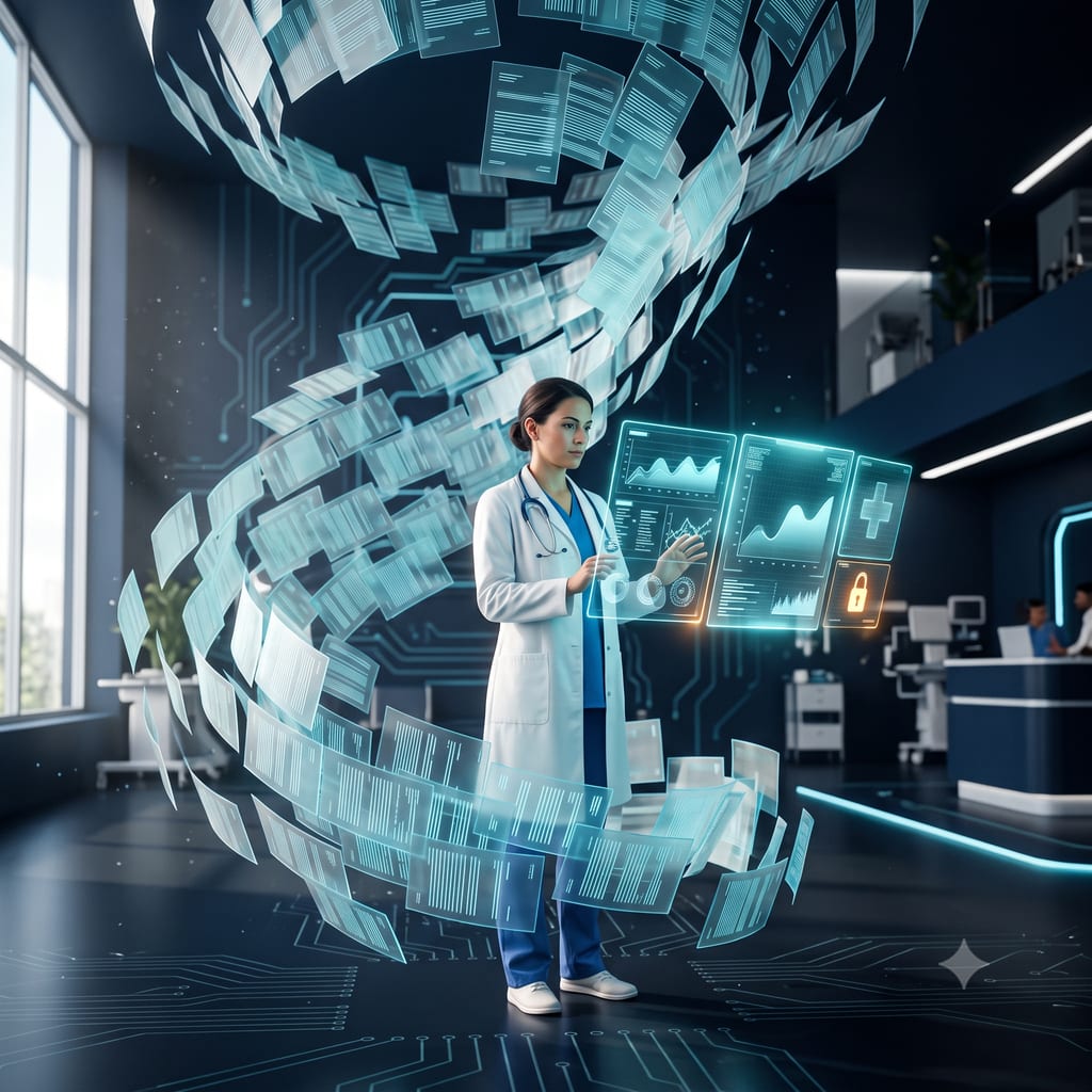 A physician in a white coat and stethoscope at the centre of a bright clinic, an enormous spiral of translucent document sheets whirling away behind her while a small holographic panel of charts, a medical cross and a padlock resolves in front of her.