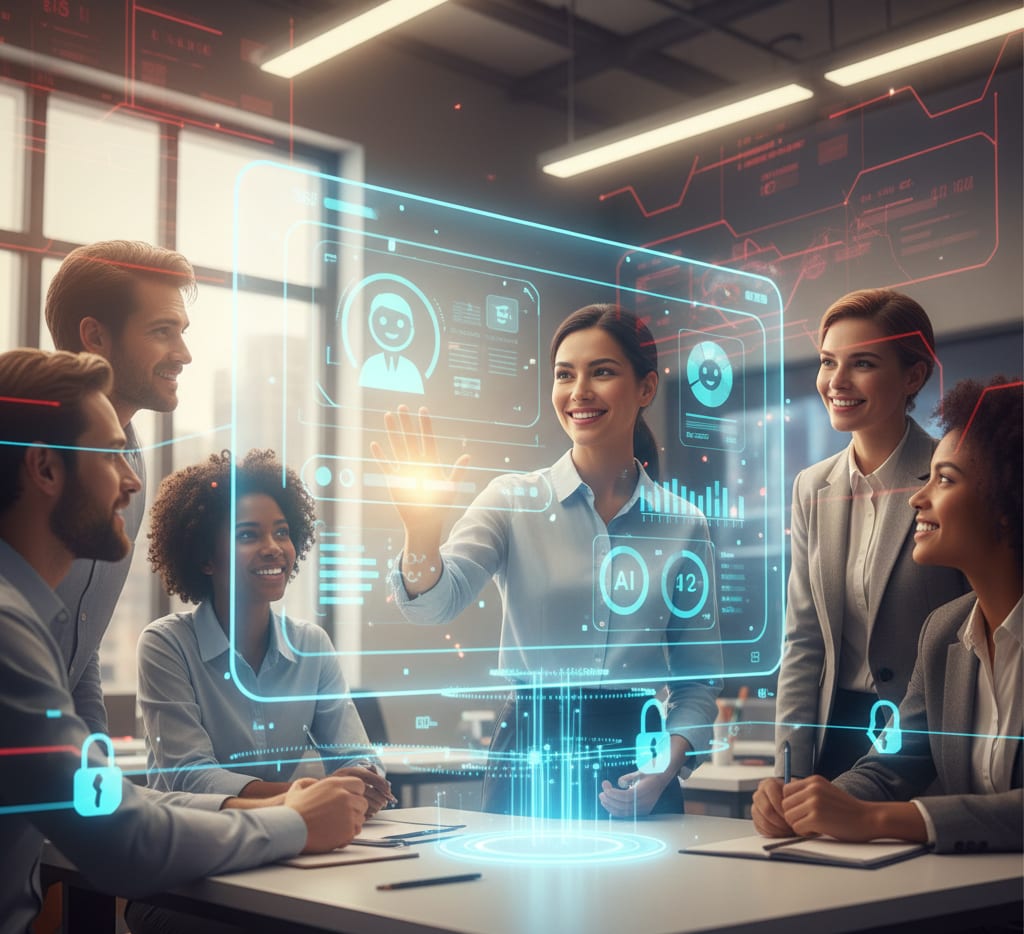 Colleagues gathered around a translucent holographic display of charts and an AI panel in a bright office, padlock icons hovering above the table.