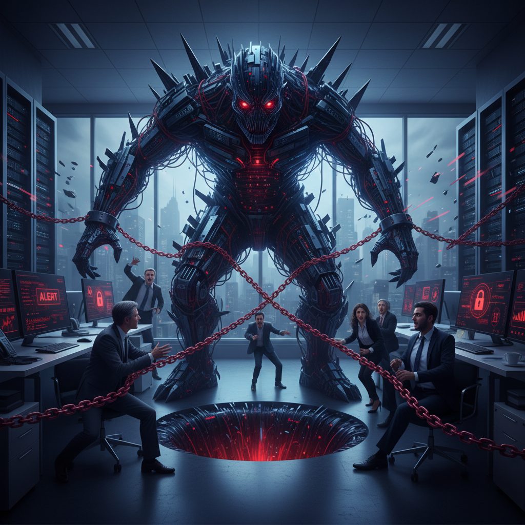 A towering spiked machine held back by heavy red chains, looming over office workers at desks of red alert screens beside a glowing pit in the floor.