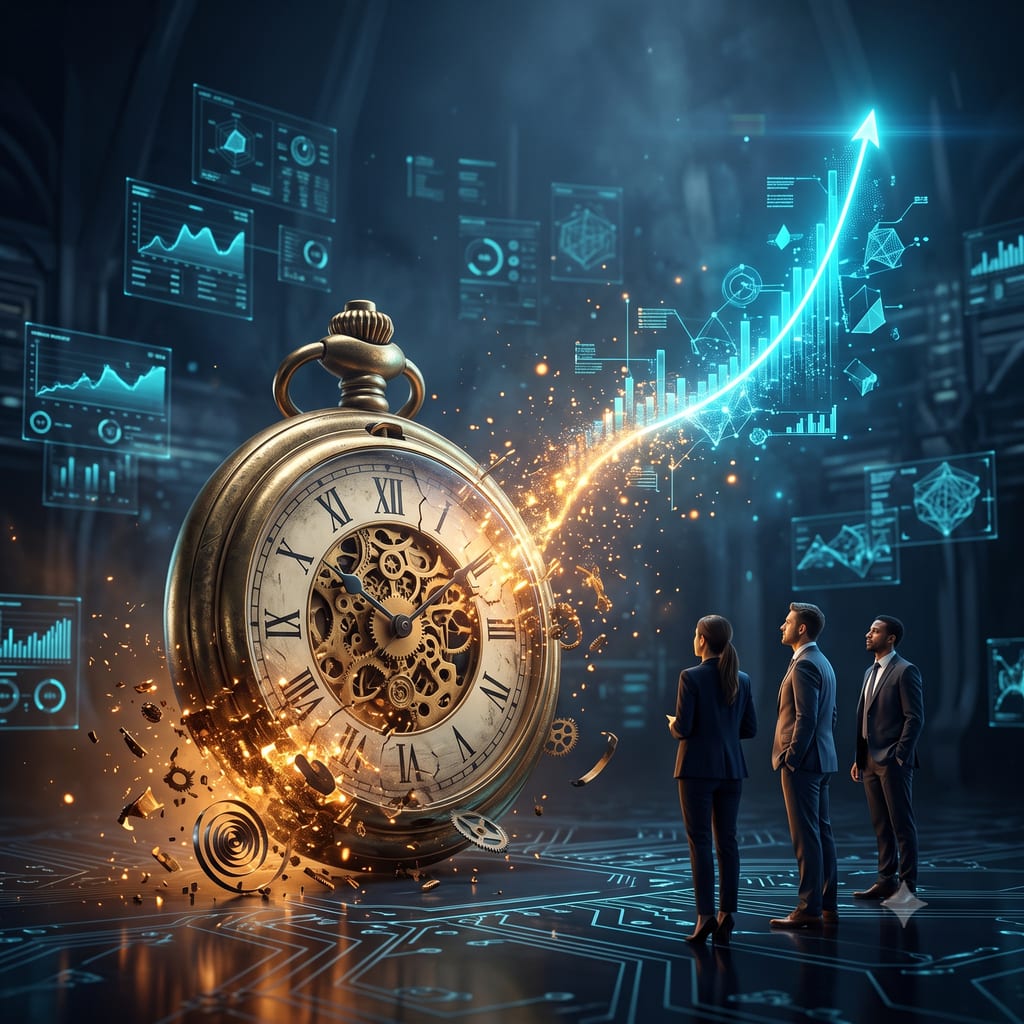 A monumental brass pocket watch breaking apart on a dark floor, its gears dissolving into amber sparks that sweep upward and reform as a rising cyan value curve, three professionals in business dress watching from the right.