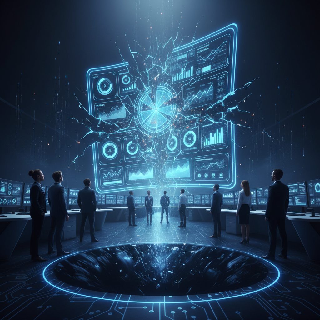 A cracked, shattering holographic dashboard of charts and dials hanging above business people in a dark control room, a dark pit opening below it.