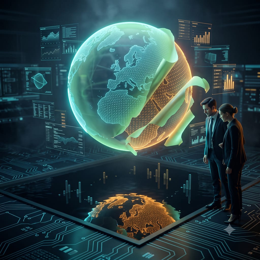 A wireframe globe centred on Europe coated in green light that is peeling away in curling strips to reveal warning amber beneath, mirrored in a dark pool below where the sphere shows amber only, two figures in business dress looking down at the reflection.